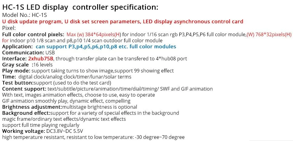 HC-1S USB порт полноцветный светодиодный управления карты U диск асинхронный LED контроллер с 2 * hub75b порт для P3, p4, p5, p6, p8, P10 дисплей