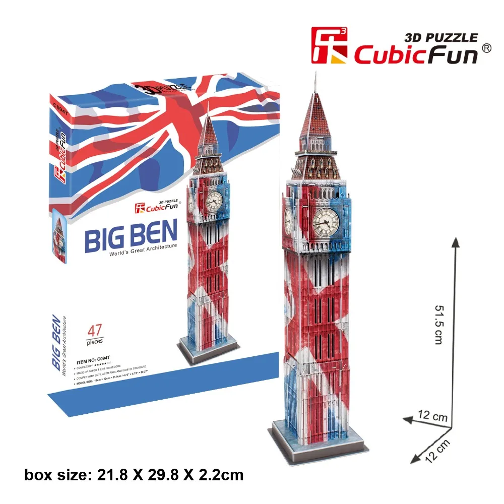 

CubicFun 3D puzzle DIY toy gift paper model Big Ben London National flag painting C094T world's great architecture free shipping