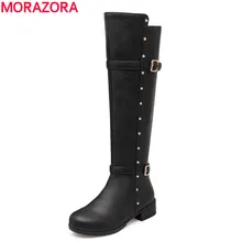 MORAZORA/; Модные осенние теплые сапоги до колена; обувь на платформе с круглым носком; Женские однотонные черные сапоги из искусственной кожи высокого качества