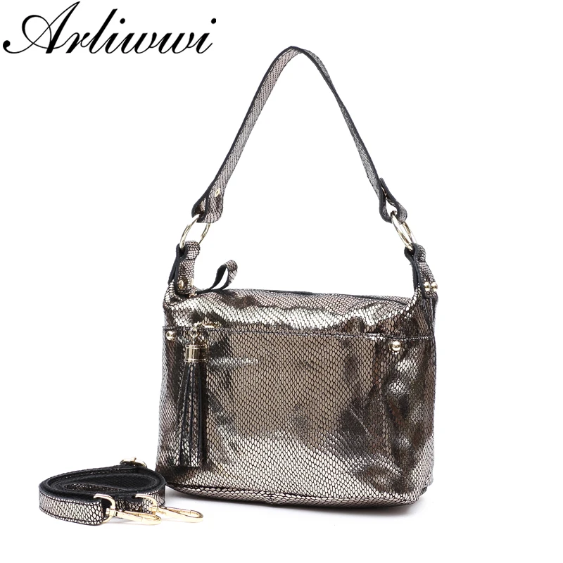 Arliwwi брендовая дизайнерская Натуральная Кожа блестящий Змеиный узор тисненые сумки на плечо летняя Функциональная женская сумка металлик