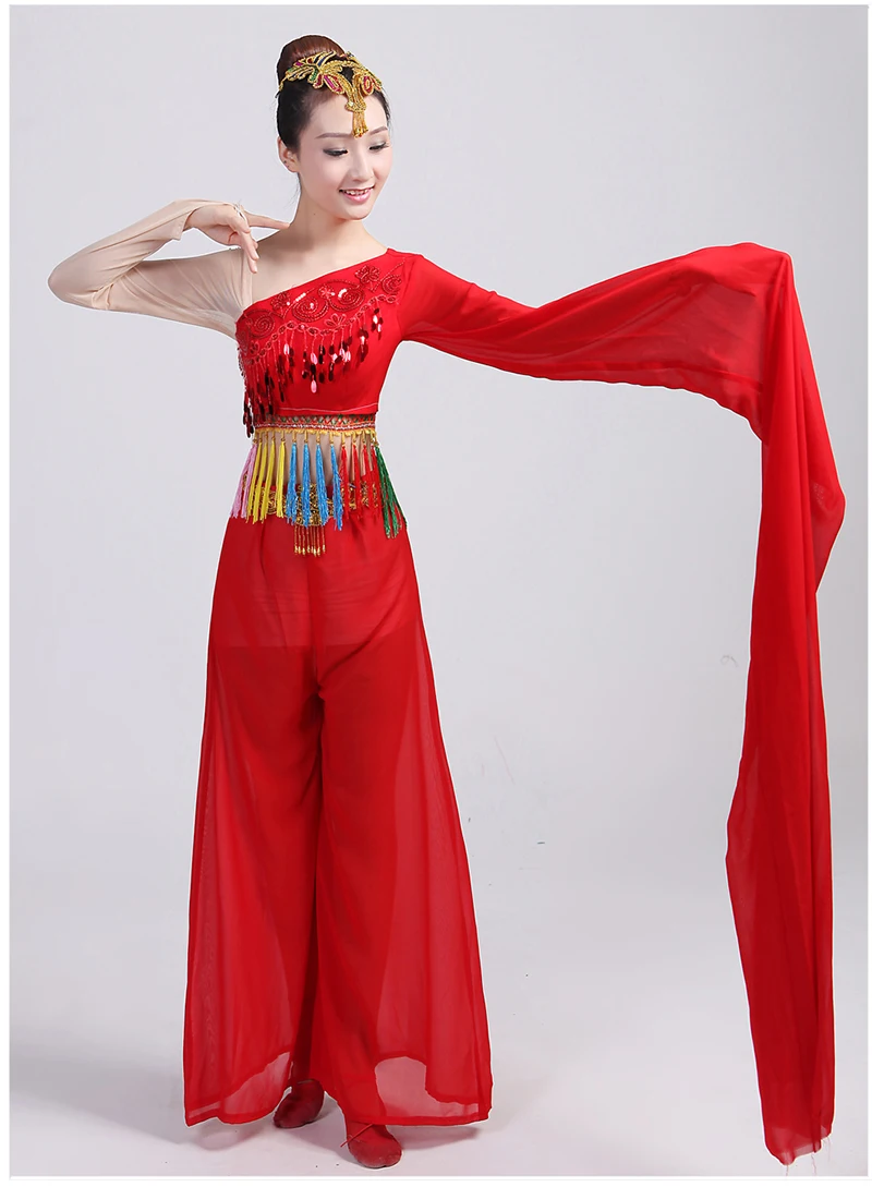 Chinese red water sleeves costumes Classical dance clothing long sleeves fan Poetry fairy costume fan dance stage performance
