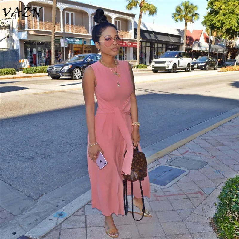 VAZN Top Quality High Design 2018 Casual Women Dress Solid O Neck
