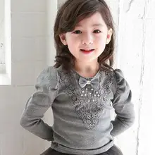 Коллекция года, весенне-осенние школьные рубашки для девочек белые, серые, детские топы с длинными рукавами и кружевным бантом и жемчужинами для девочек, блузка одежда для малышей, JW3260