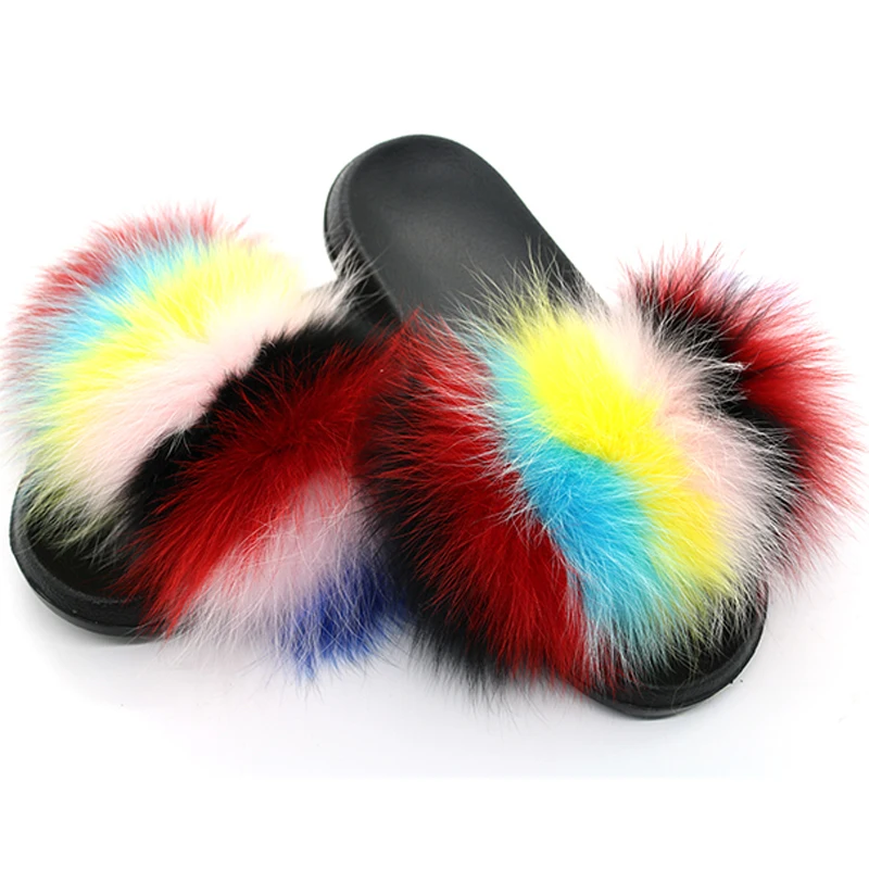 2019 New Summer Real Fox Fur Slides Women Non-slip Fluffy Fur Slippers Women Furry Slippers Ladies Cute Plush Fox Hair Slippers