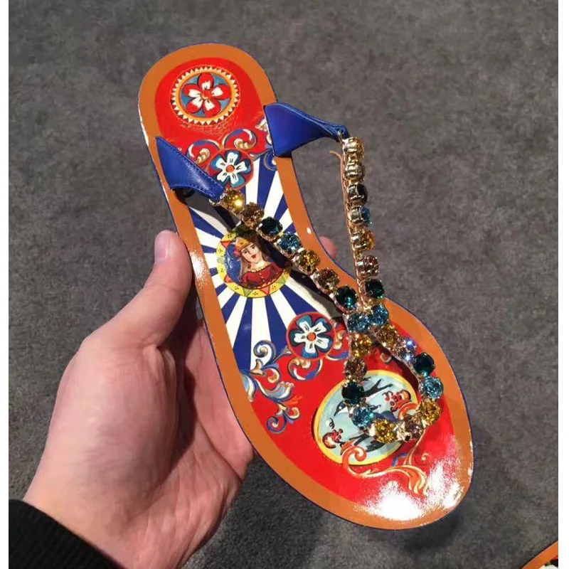 

Flip Flop Crystal Decor Bohemian Flat Slippers Floral Pattern Black Blue Beach Slippers Comfortable Outside Summer Shoes