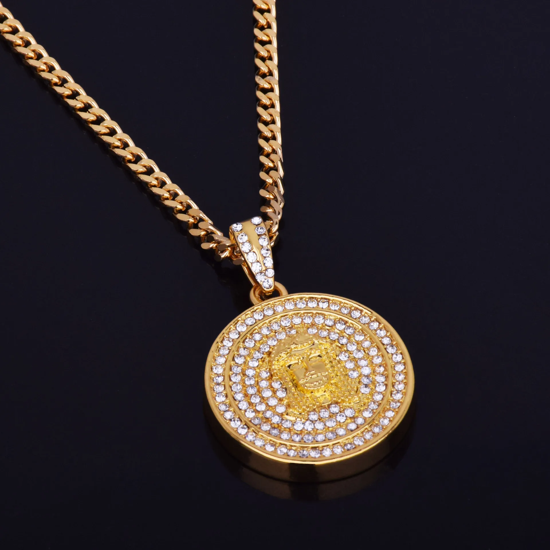 

Men's Hip Hop Wind Necklace Gold Silver Alloy Full Round Jesus Pendant Ice Cuban Chain Necklace Pendant