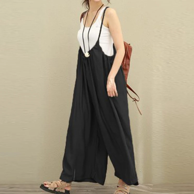 

2018 S-5XL Plus Size Women Casual Overalls Cotton Linen Wide Leg Pants Vocation Dungarees Jumpsuits Long Trousers Rompers