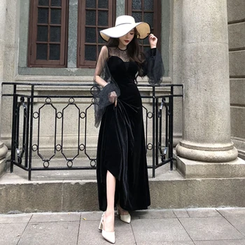 

Summer Vintage Ball Gown O-Neck Lace Splice Velvet Butterfly Sleeve Mid-Calf Women Dress Sexy Empire Waist Elegant Party Dresses