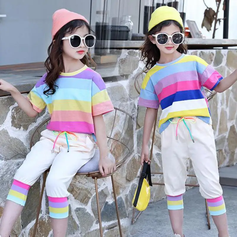 

2019 Toddler Girls Suit For Children Clothes Summer Girls Outfits Teen Girls Clothing Set Kids Clothes Striped T-shirts + Pants