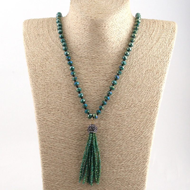 Fashio Artisan Jewelry 5x8mm Glass Knotted Crystal Tassel Punk Necklaces for Women