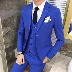 (Куртка + брюки + жилет) 2019 мужской деловой костюм обтягивающие классические мужские костюмы роскошный костюм мужской темно-синий 3 шт