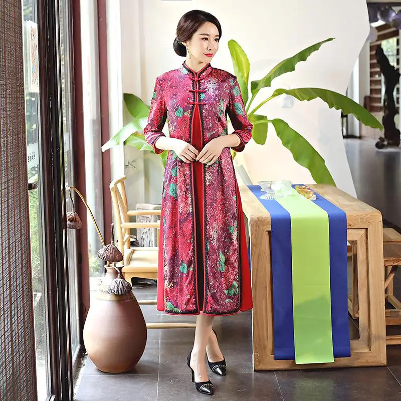 Осенне-зимнее женское платье Cheongsam Vestidos китайское Новогоднее красное платье три четверти китайское платье-Ципао с рукавами женское платье для сцены - Цвет: Фиолетовый