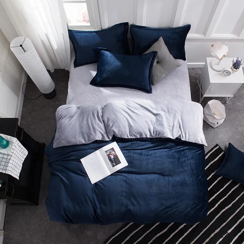 Best Thick Flannel two sided solid color Bedding Set Winter Warm Fleece Duvet Cover Bed Sheet Pillowcases Twin Queen King size 3 4pcs