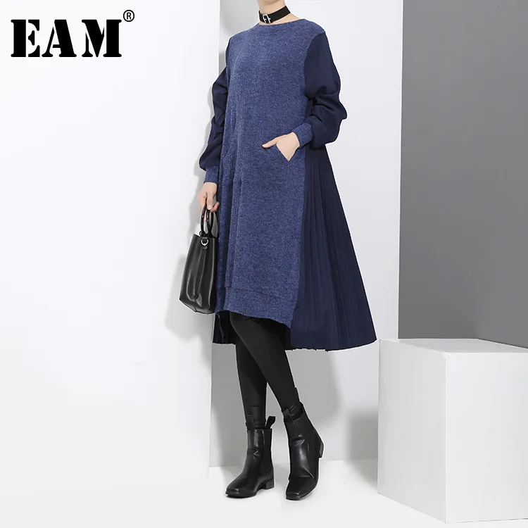 [EAM]2019 New Spring Winter Round Neck Long Sleeve Back Pleated Split Joint Irregular Loose Blue Dress Women Fashion JD487