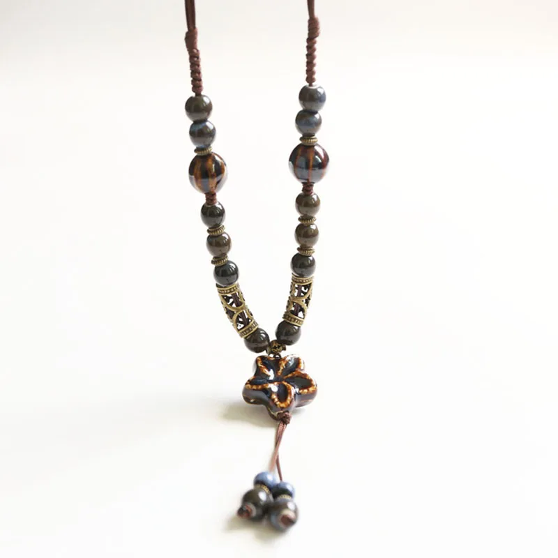 Ceramic Beads Flower Tassel Necklaces For Women Beaded Pendants Necklace Men Bohemian Jewelry