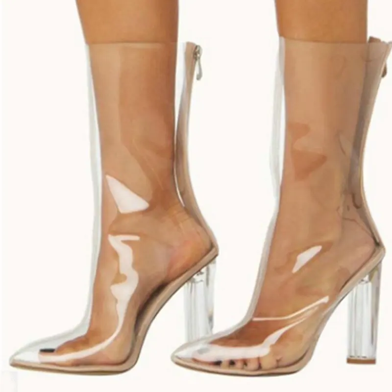 

2019 New Sexy Boots Women's Transparent Cool Boots PVC Boots Fashion Thick With Breathable Crystal Heels