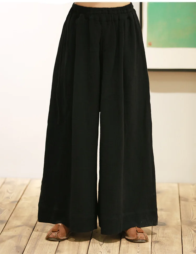 Весенние и осенние свободные повседневные брюки большого размера, женские хлопковые льняные черные широкие брюки, сексуальные брюки-кюлоты длиной до щиколотки - Цвет: Черный
