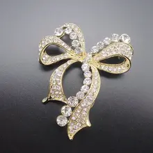 Fashion Gold Elegant Bow Kont Rhinestone Lovely Shiny Women Pin Brooch, Item No.: BH7427