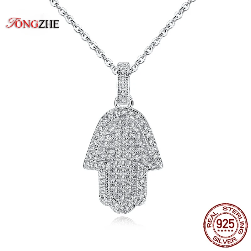 

TONGZHE Lucky Hamsa Hand Pendants Necklace Real 925 Sterling Silver Pave Setting CZ Luxury Accessories Ethnic Turkey Jewelry