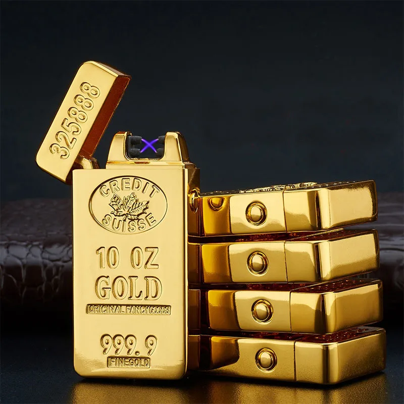

Bullion Pulsed Double Arc Lighter USB Electronic Cigarette Lighter Windproof Thunder Gold Brick Metal Cigarette Plasma Lighter
