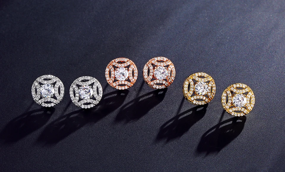 Высококачественные круглые серьги-гвоздики с кубическим цирконием для женщин и девушек, серьги-гвоздики с кристаллами CZ золотого цвета FSEP2255