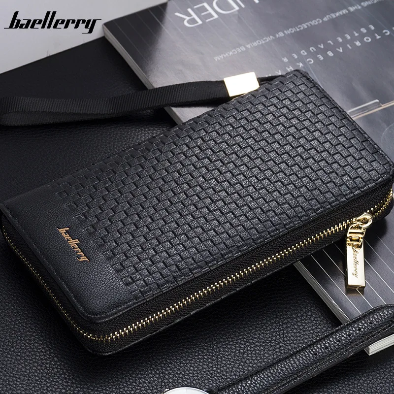 

baellerry Big Capacity Knitting Men's Leather Wallet Zipper Coin Pocket Luxury Long Purse Casual Card Holder Clutch Bag For Male
