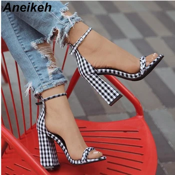 

Aneikeh 2019 Mature Flock Sandals Women Square High Heels Summer Shoes Grid Wedding Office Cover Heel Round Toe Black Size 35-42