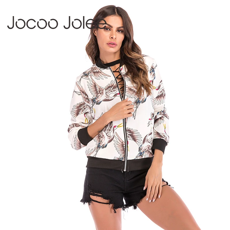 

Jocoo Jolee Basic Jacket Women Long Sleeve Red-crowned Cranes Print Coat New Fashion Striped Bomber Jacket Casual Windbreaker