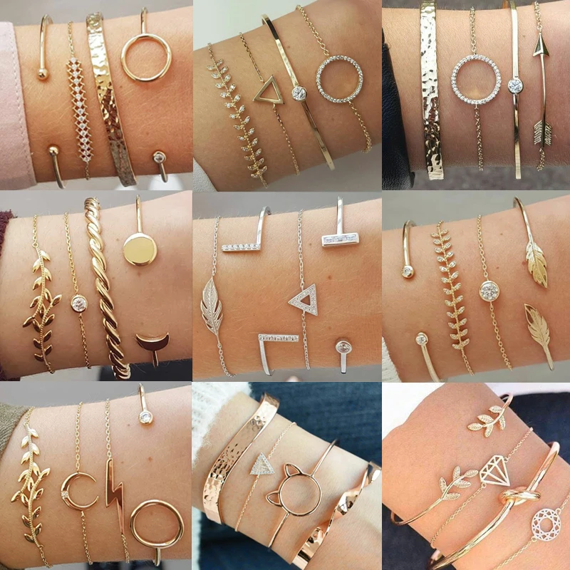 

Simple Style Bracelet Set for Women Girls Multilayer Cuff Bangles 4PCS/set Open Bangle Link Chain Rhinestones Jewelry Geometric