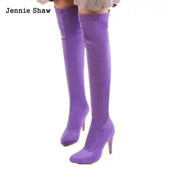 

Pink Knee High Long Boots Women Yellow Point Purple High-heeled Boots Pointed Thin Elastic