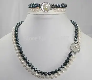 

2Row Genuine Black and White 7-8MM Pearls Mother of Pearl Clasp Necklaces (17") Bracelets (7.5") Sets