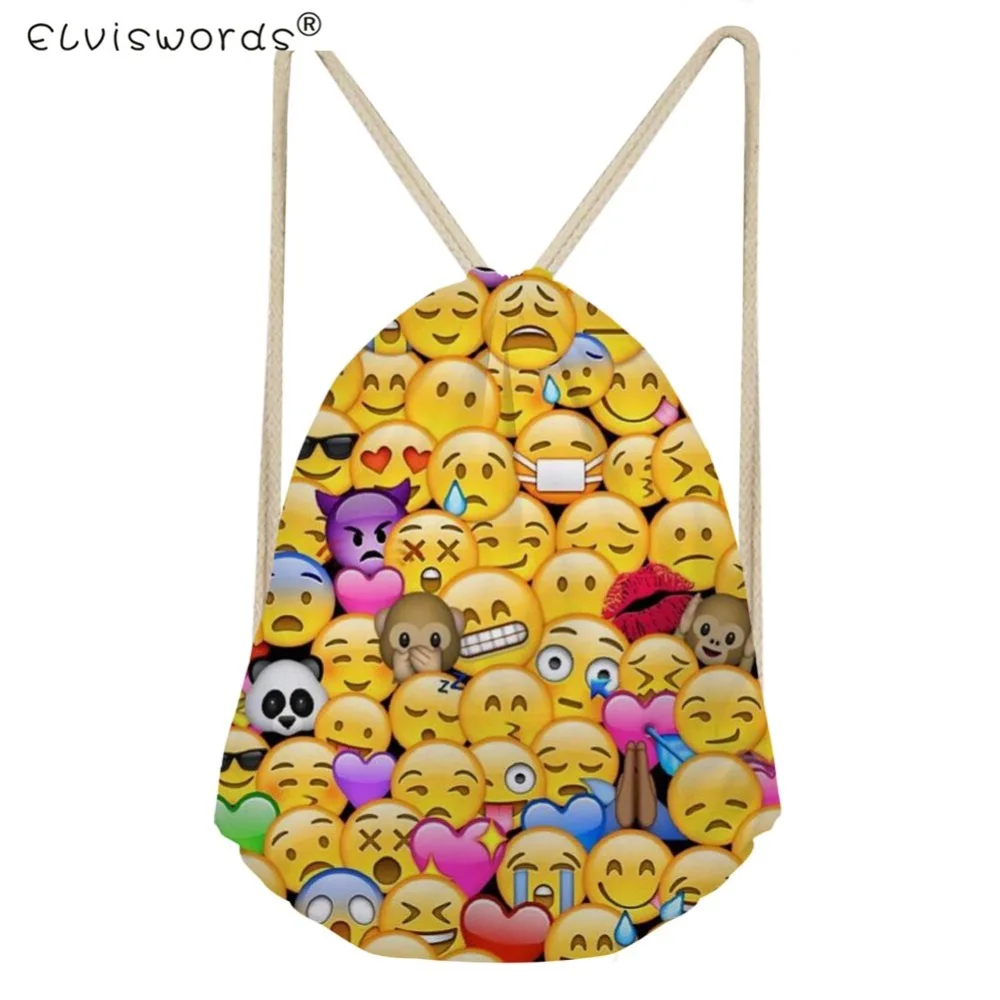 ELVISWORDS Girls Bags Funny Emoji Face Feminina Backpack Kids Small Drawstring Bag Children Travel Sport Bags