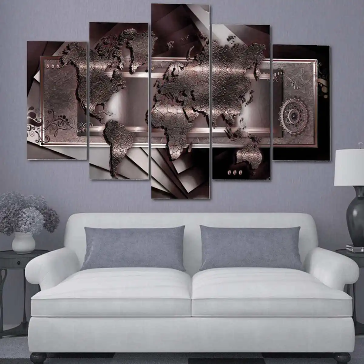 

5pcs Abstract Printed Canvas Painting Wall Art Prints Poster Living Room Decor Brown World Map