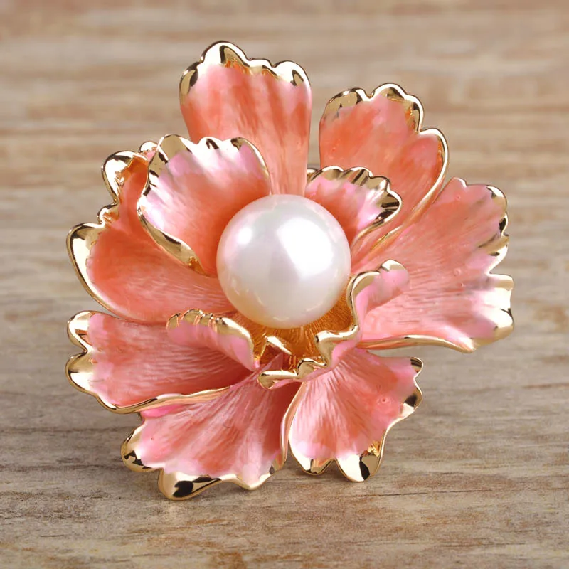 

Big Flower Women Charm Scarf Buckle Brooches High Imitation Pearl Gold-color Enamel Esmalte Pink Rose Mujer Love broche bijoux