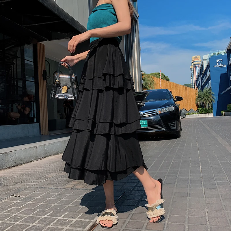 

Bohemian High Waist Summer Women's Skirt Cascaded Black Long Skirt Female Chiffon A-line skirts womens faldas mujer moda 2019