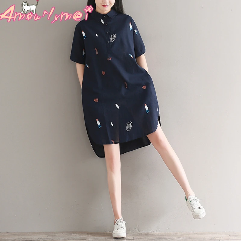 

2018 Mori Girl Summer New Women Turn-down Collar Cartoon Printed Loose Cotton Linen Shirt Dresses Plus Size Female Robe Vestidos