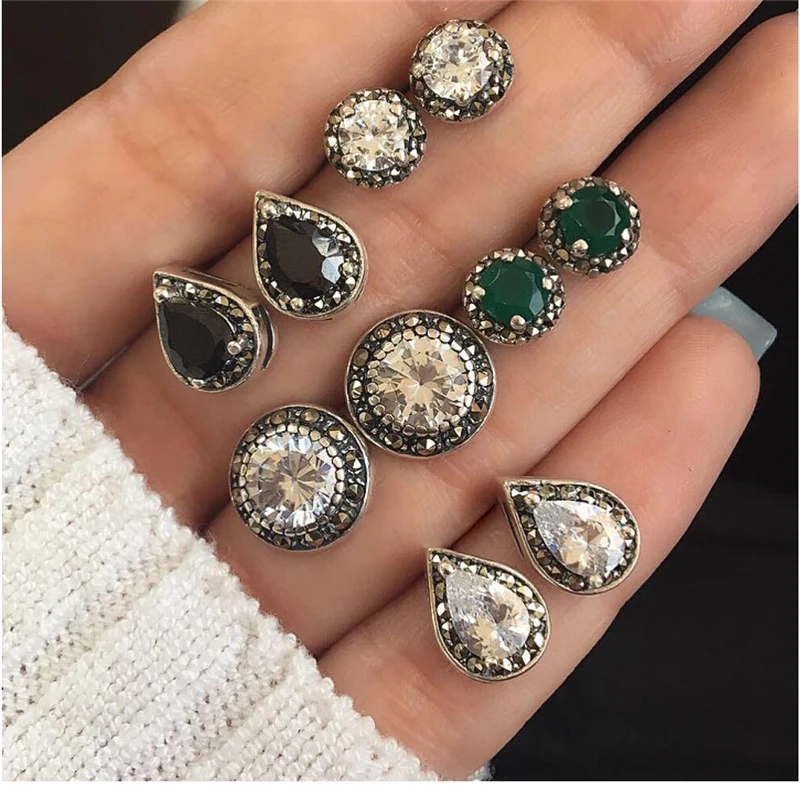 

5pairs/set 2019 Bohemian Vintage Party Earrings Pet For Women Trendy Green Crystal Stud earrings jewelry Femme Brincos Gifts