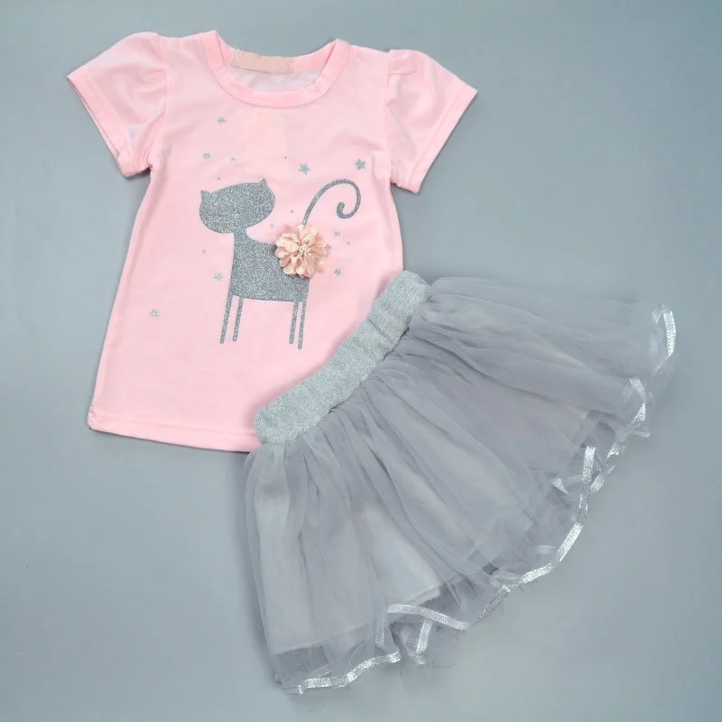

Spring Autumn Girl Set Floral Cat Printed T-shirt + Mesh Tutu Skirt Costume Girl's Set 2PCs