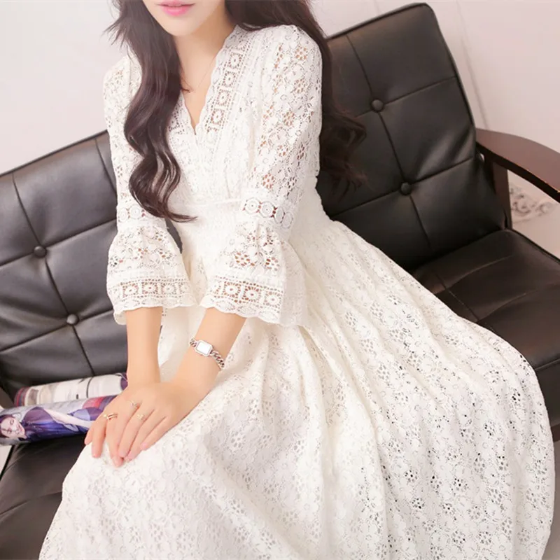 2018 Summer Autumn Women Elegant White Lace Long Dress High Waist Bohemia Beach Maxi Dresses Female Vintage Party Dress Vestido Dresses