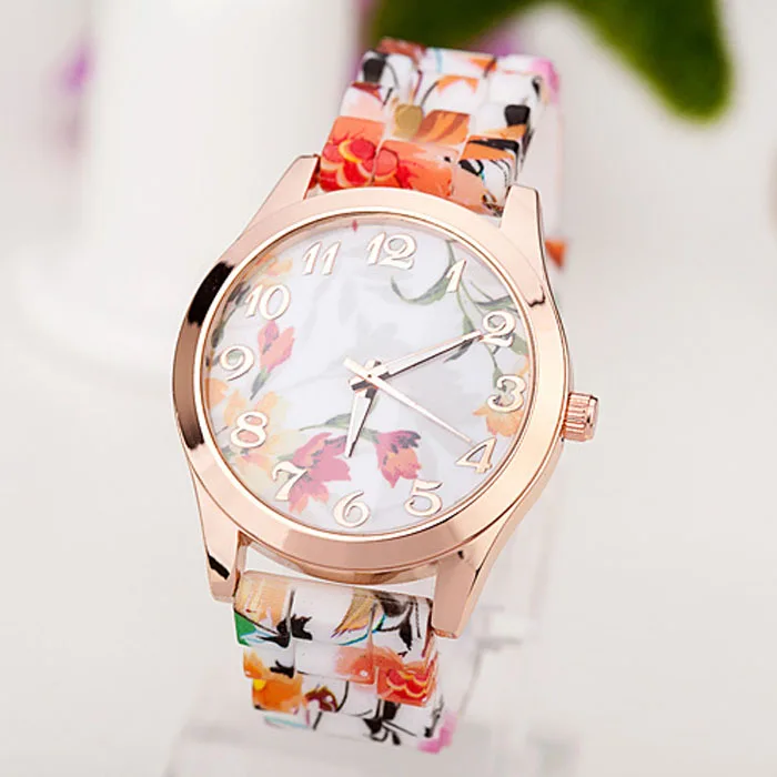 

Women Girl Watch Silicone Printed Flower Causal Quartz WristWatches Female Clock Drop shipping