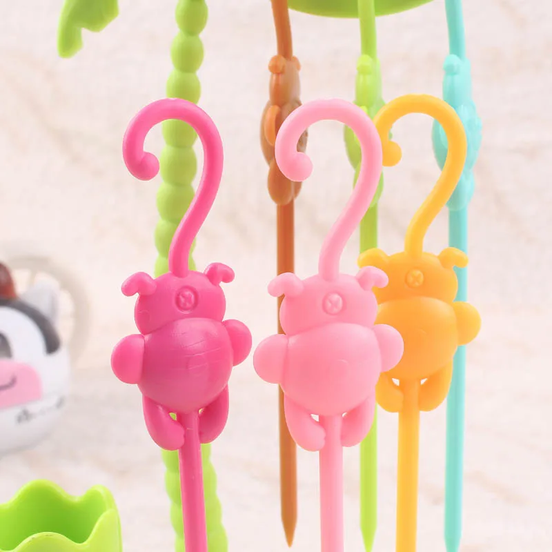 FHEAL Cute Coconut Tree Monkeys Creative Fruit Fork Set Plastic Fruit Forks Vegetable Fruit Dessert Fork Set Toothpick Holder (6)