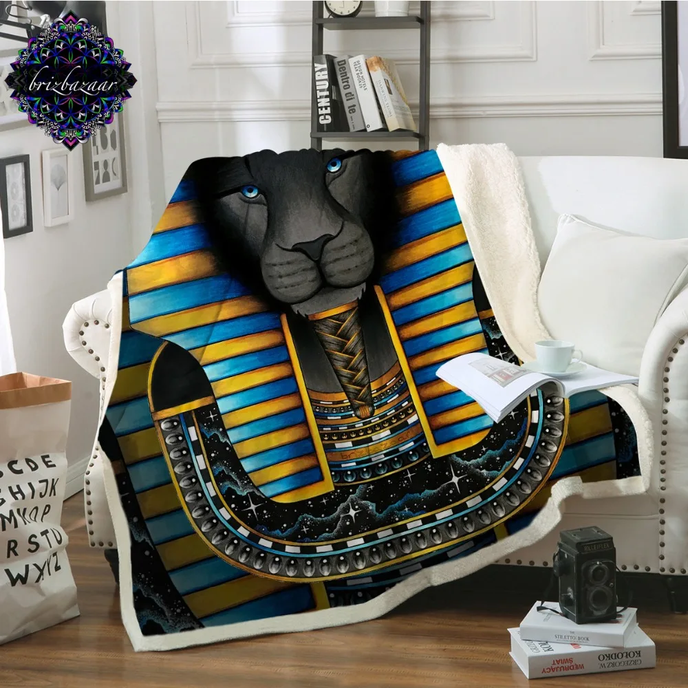 

KING by Brizbazaar Bed Blanket Ancient Egpyt Pharaoh Sphinx Bedspread Lion Sherpa Throw Blanket Blue Yellow Striped Bedding
