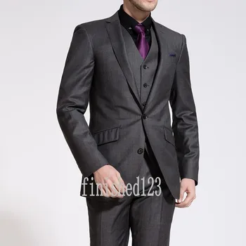 Skup Modne Dwa Przycisk Ciemny Szary Groom Smokingi Groomsmen Męska Wedding Party Prom Garnitury Wykonane Na Zamówienie (kurtka + Spodnie + Kamizelka + Krawat) K: 61