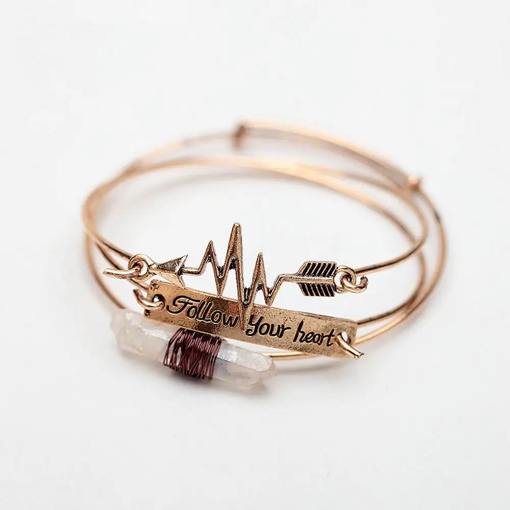 

LET IT BE Engrave Follow Your Heart Heartbeat Bangles for Women Vintage Natural Quartz Stone Bangles Cupid Arrow Bracelets Sets