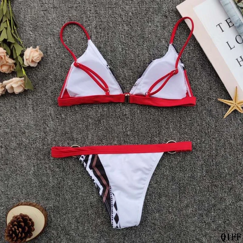 

Dropshipping Sexy Two Piece Bikini Set Deep V-Neck Triangle Bra Color Block Swimsuit Geometric Printed Suit APR28