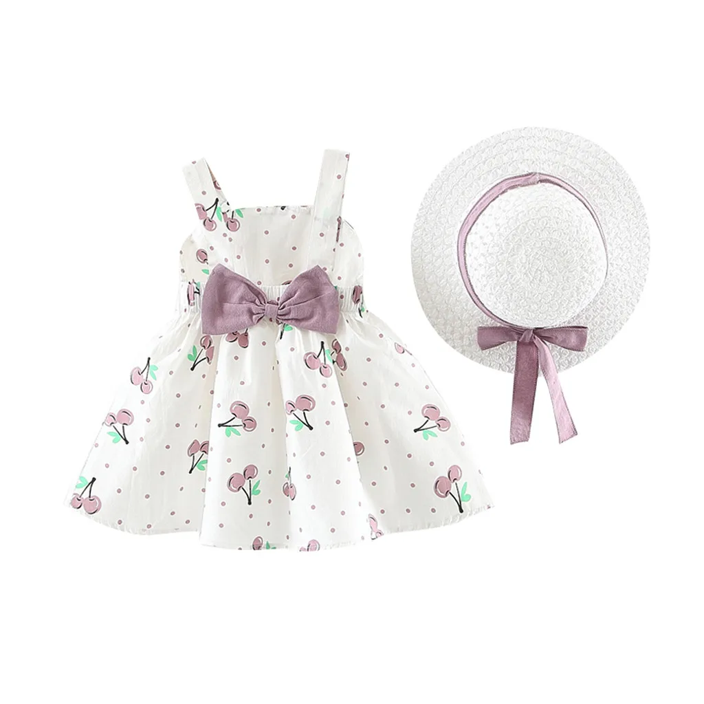 

Newborn Kid Toddler Baby Girl Cherry Dot Print Dress With Hat Children Clothes Sleeveless Party Princess Dresses Bow Hat Outfits