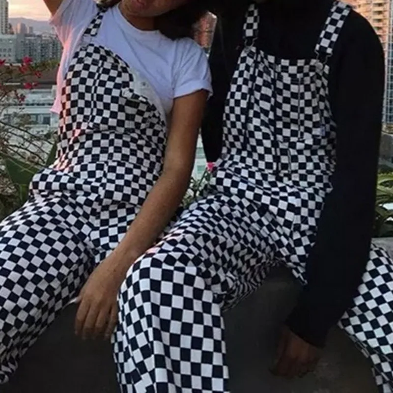 

MoneRffi 2019 Retro Old School Streetwear Hiphop Jumpsuit Plaid Print Checkerboard Overalls Women Harajuku Loose Bib Cargo Pants