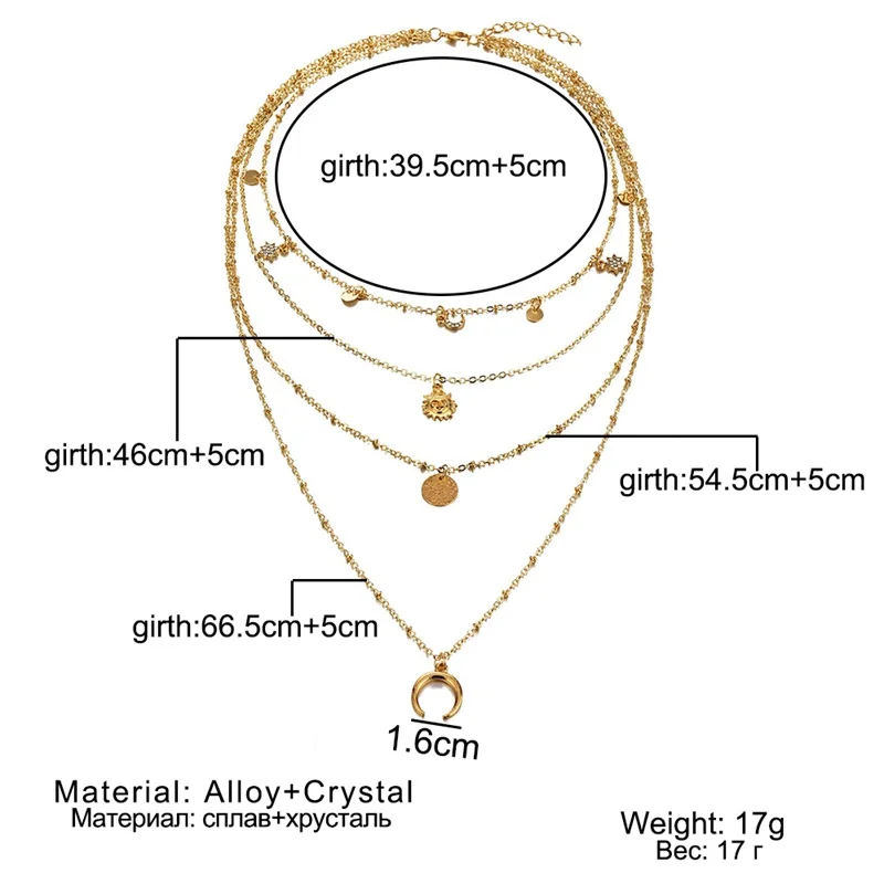 KISSWIFE винтажное многослойное ожерелье с подвеской из кристаллов для женщин золотистого цвета Луна Рог Богемия колье ювелирные изделия Новинка прямая