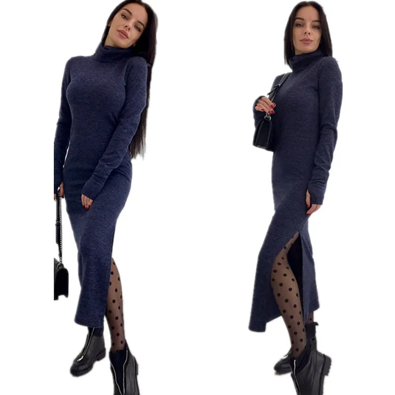 LOSSKY Turtleneck Knitted Sweater Dress Sexy Split Long Sleeve Women's Autumn Winter Slim Solid Maxi Dresses Bodycon Long Dress LOSSKY Turtleneck Knitted Sweater Dress Sexy Split Long Sleeve Women's Autumn Winter Slim Solid Maxi Dresses Bodycon Long Dress
