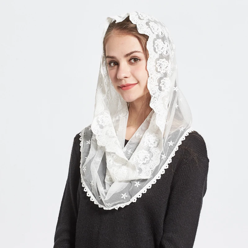 Модный кружевной головной убор для невесты, вуаль, головной убор, femme Infinity Mantilla Chapel, белый вышитый хиджаб, женский шарф